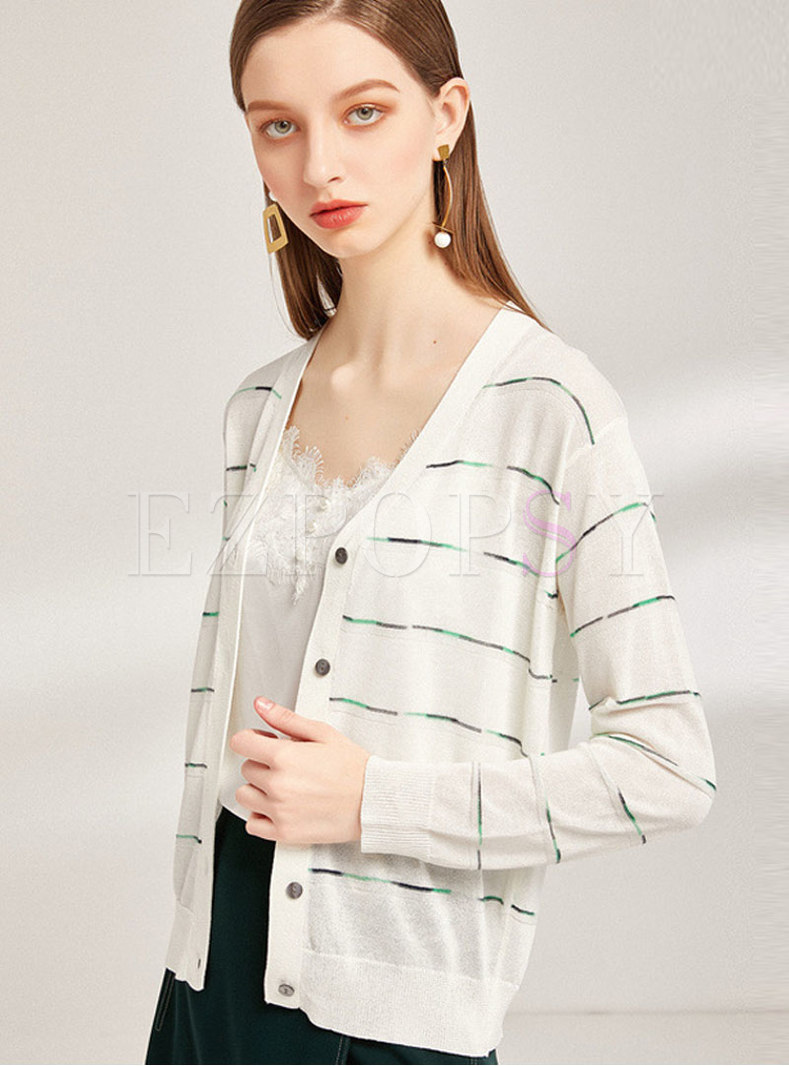 Striped Button-front V-neck Cardigan
