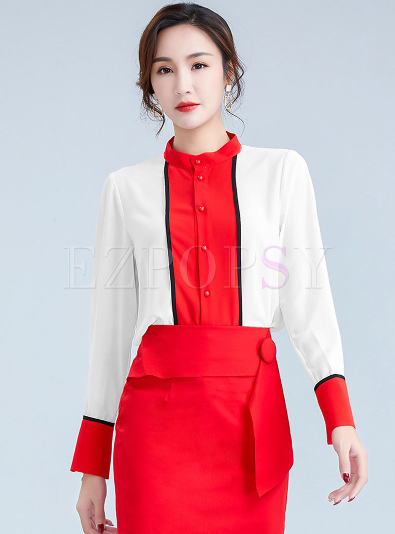 Color Block Stand Collar Chiffon Blouse