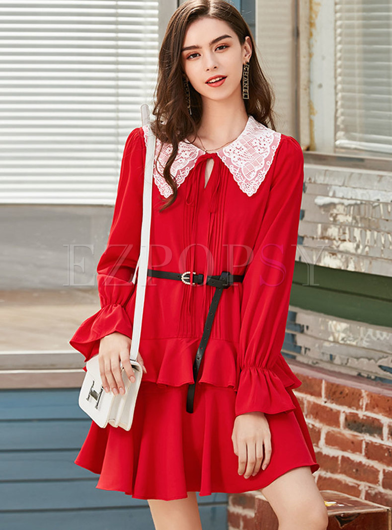 Color Block Flare Sleeve Layered Dress