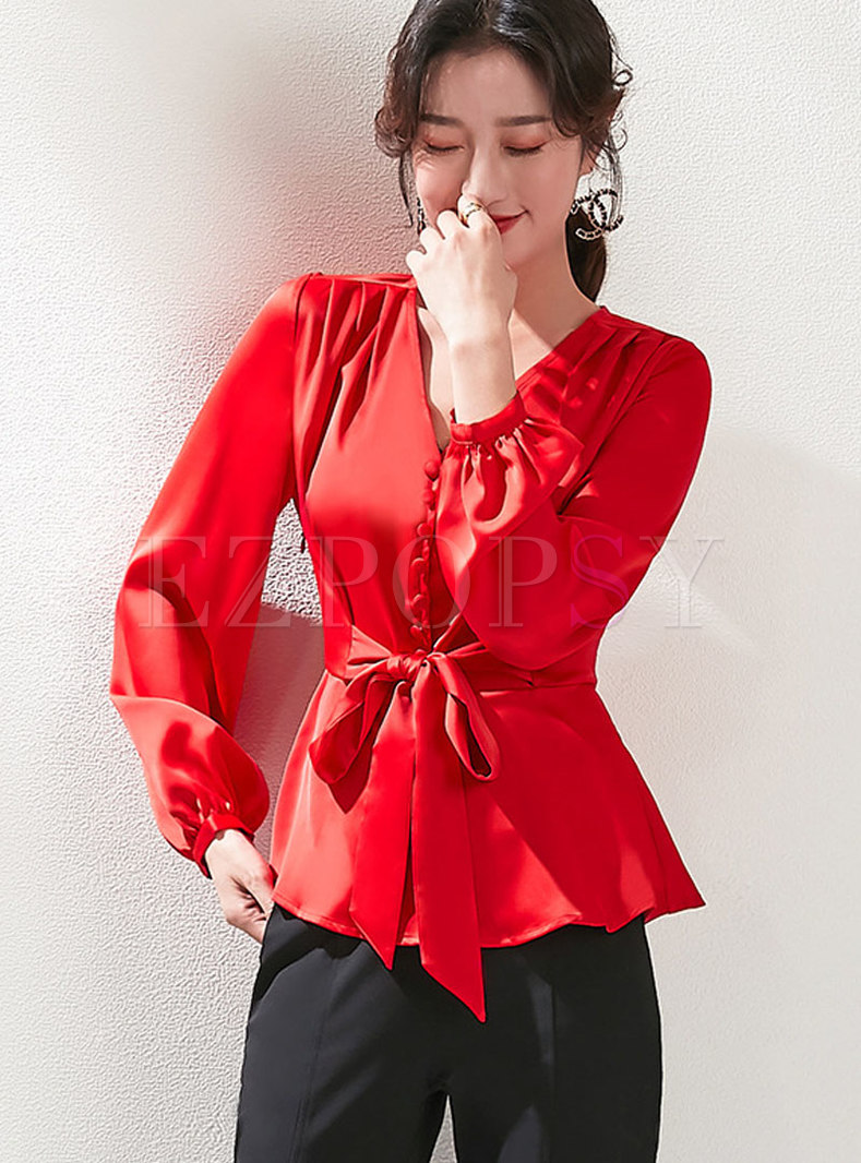 Tops | Blouses | Satin V-neck Wrap Slim Blouse