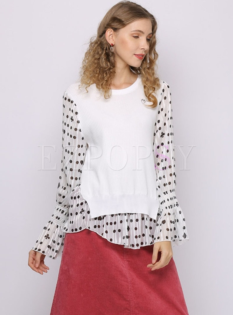Flare Sleeve Dot Patchwork Sweater