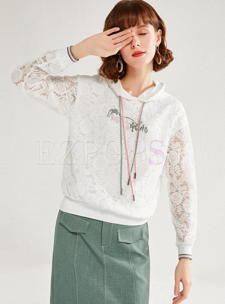 Letter Embroidered Lace Openwork Hoodie