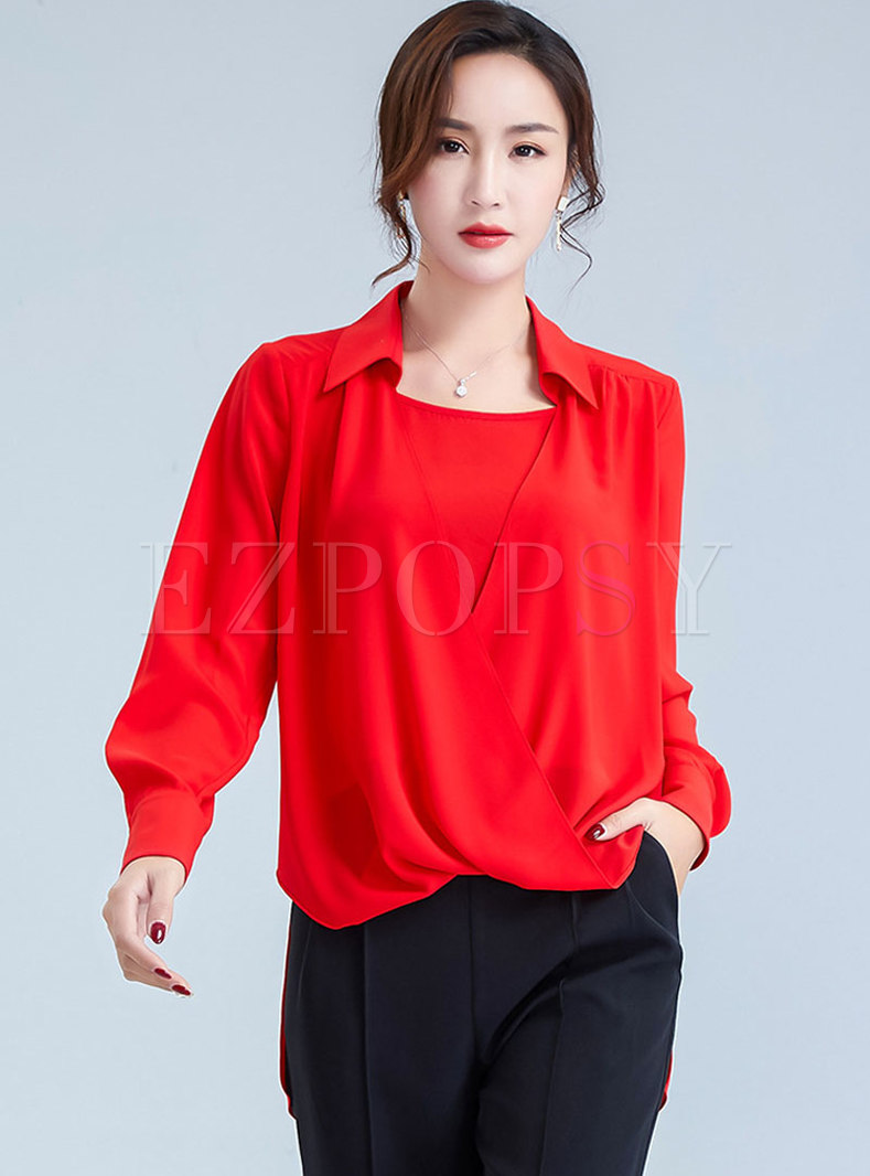Tops | Blouses | Lapel Ruched Asymmetric Pullover Blouse