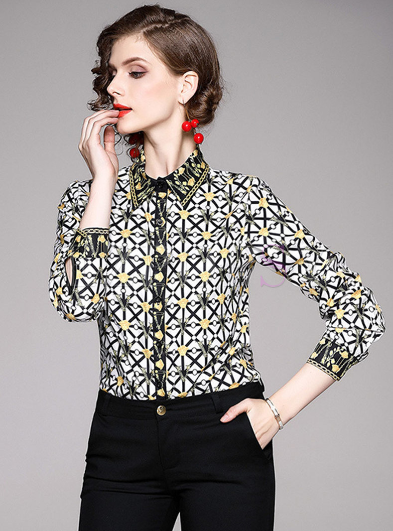 Tops | Blouses | Geometric Print Lapel Blouse