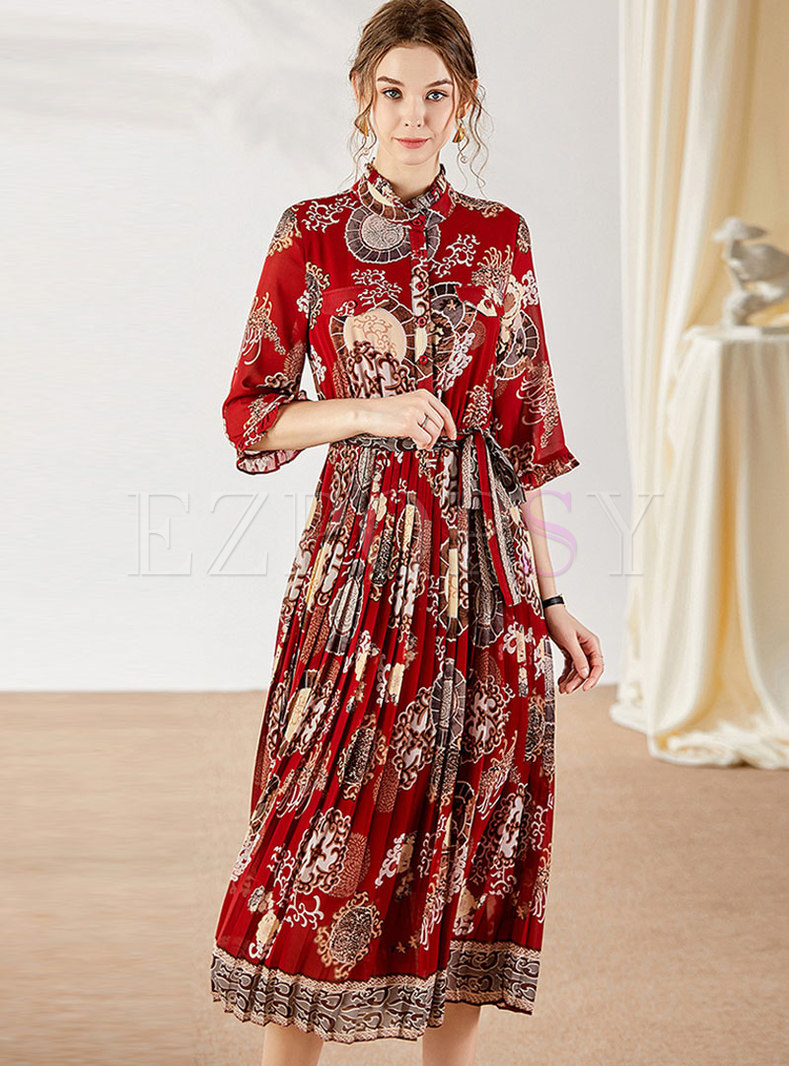 Print Stand Collar Pleated Wrap Dress