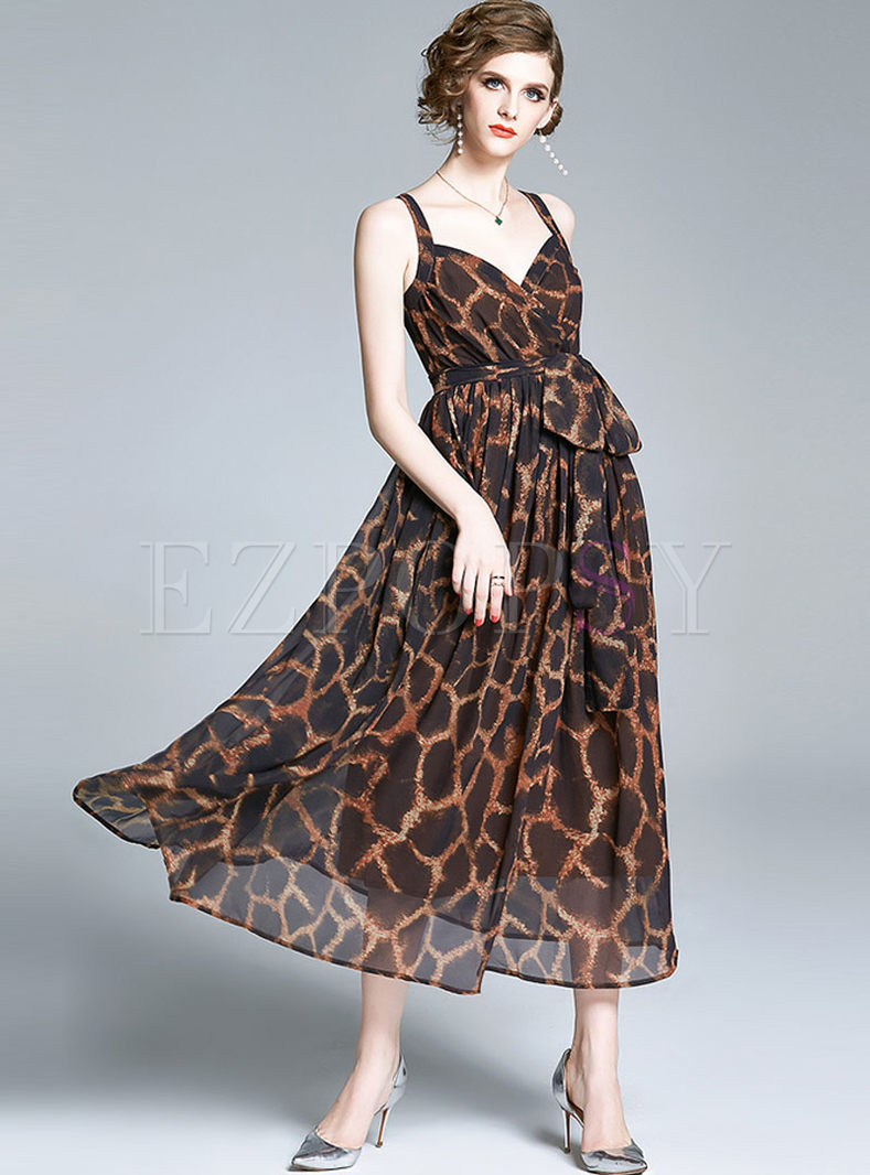 Leopard V-neck Wrap Slip Maxi Dress