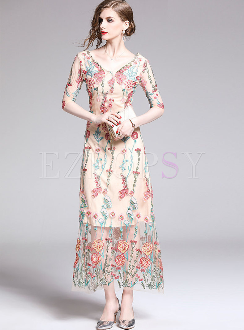 Dresses | Maxi Dresses | V-neck Embroidered Mesh Bridesmaid Dress