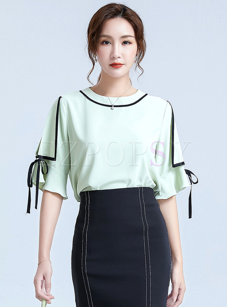 Flare Sleeve Tied Color Block Blouse
