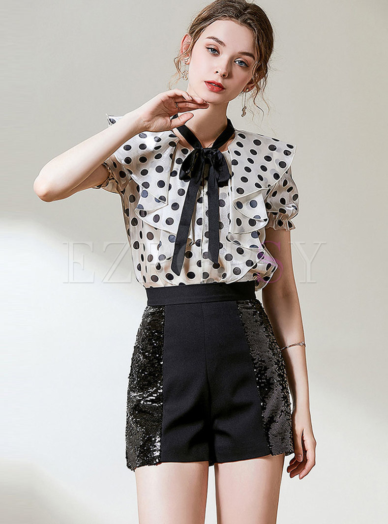 Polka Dot Bowknot Sequin Bodycon Skirt Suits