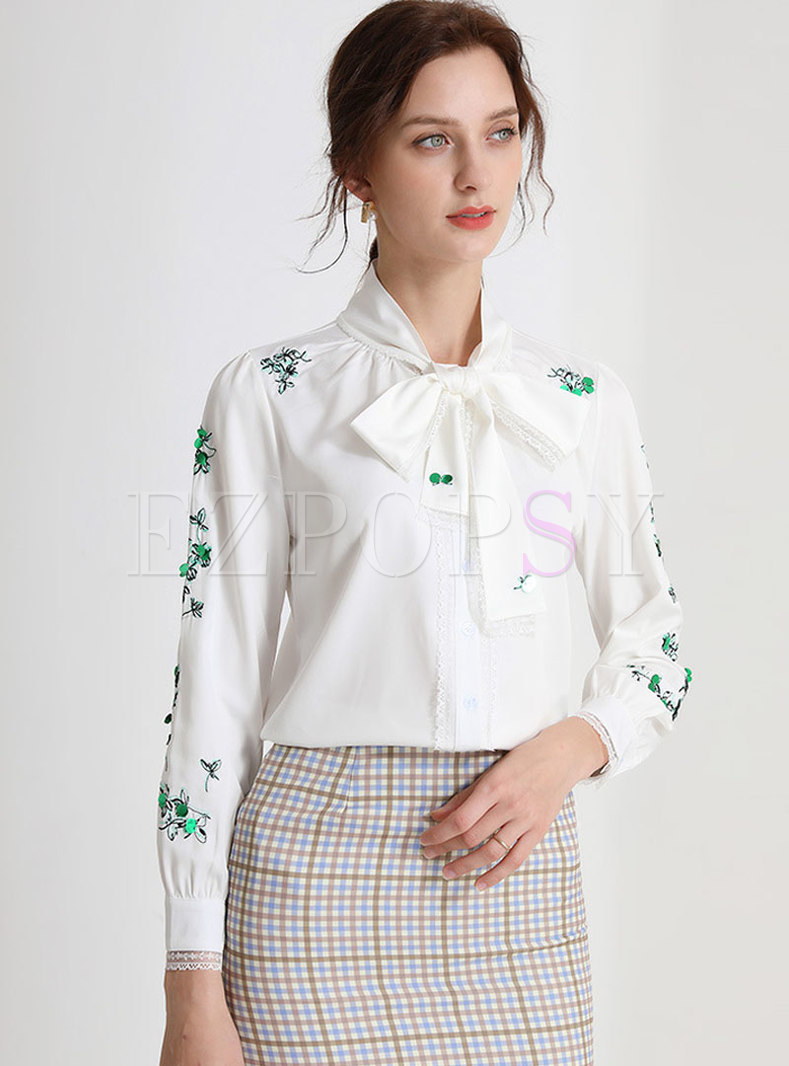 Stand Collar Bowknot Embroidered Blouse