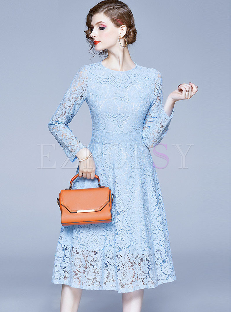 Solid Color Lace Openwork A-line Dress