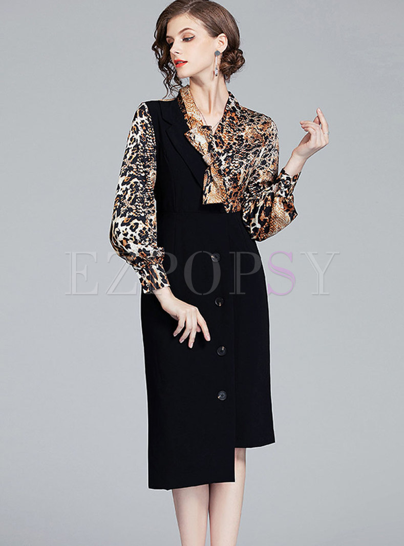Leopard Patchwork Bowknot Asymmetric Bodycon Dress