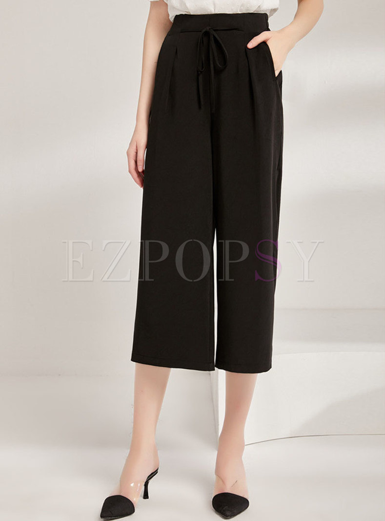 Drawcord Solid Color Cropped Palazzo Pants