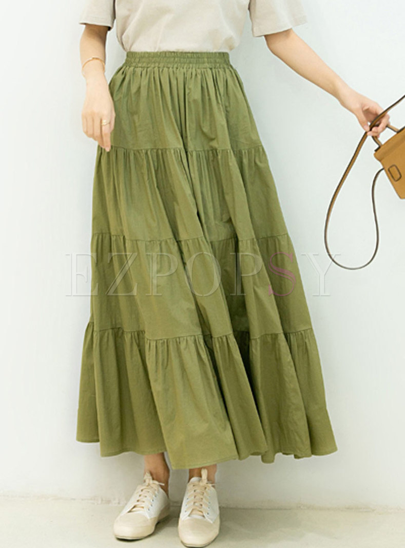 Elastic Waist Ruched A-line Long Skirt