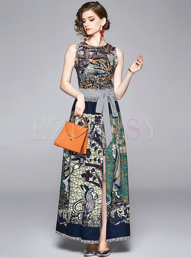 Print Sleeveless Bodycon Dress With Wrap Skirt