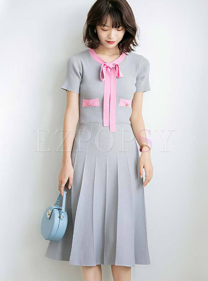 Color Block Tie-collar Knitted Skater Dress