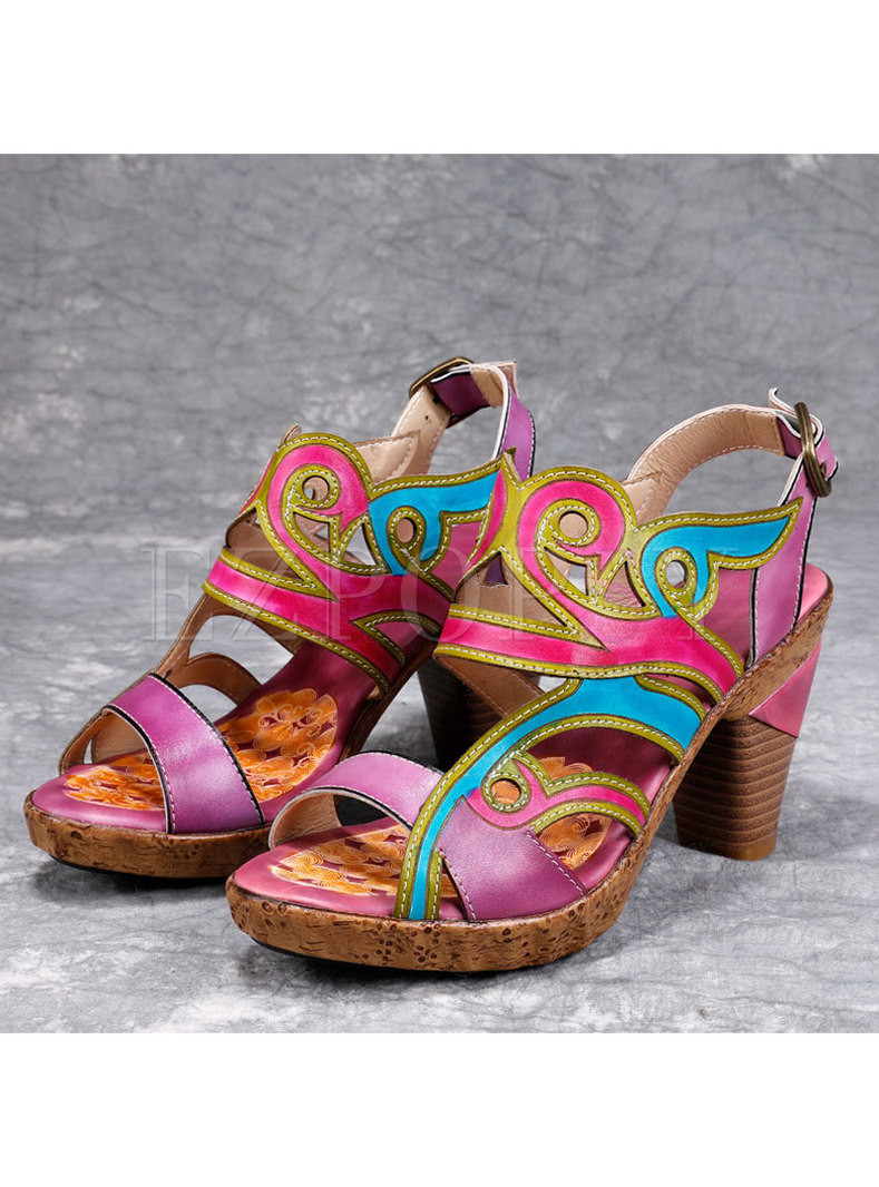 Chunky Heel Color Block Leather Sandals
