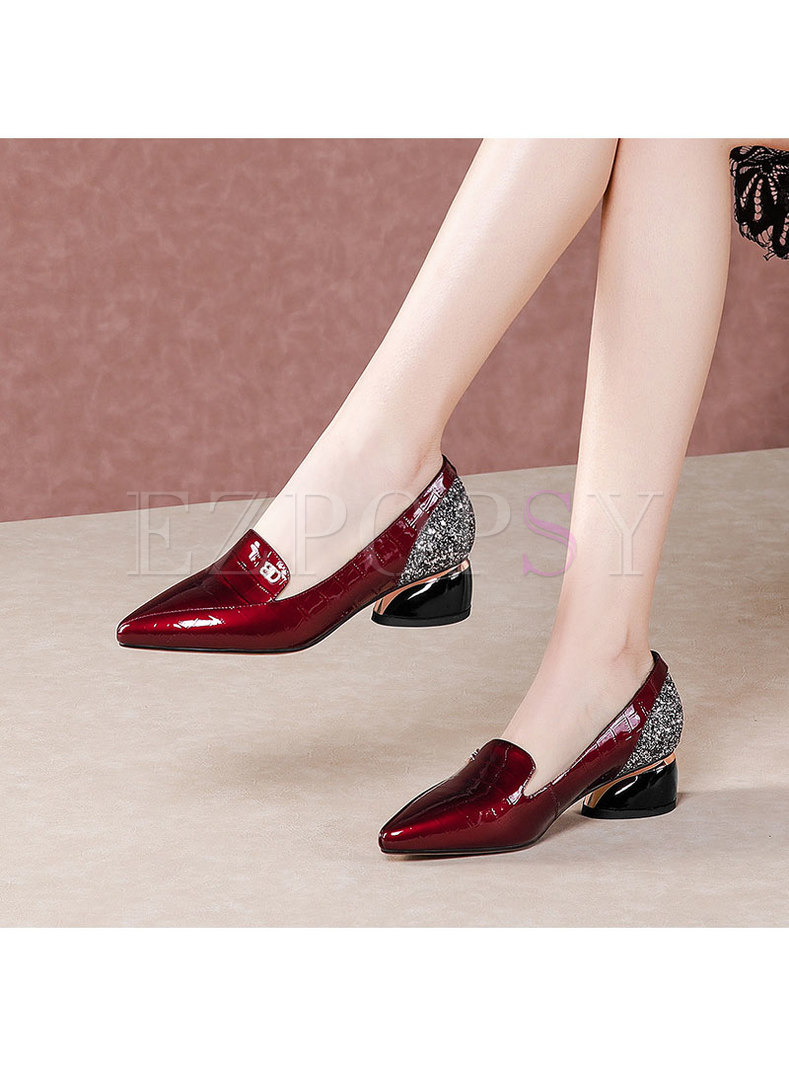Chunky Heel Pointed Toe Glitter Shoes