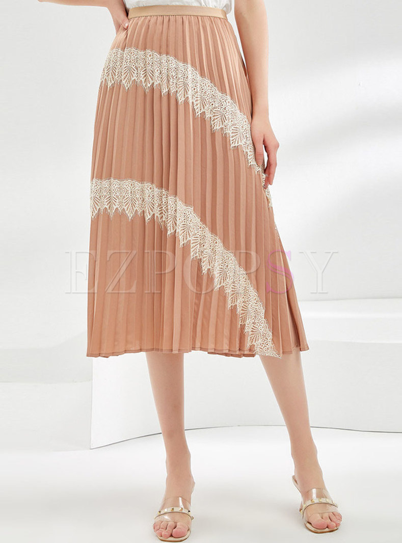 Lace Patchwork High Waisted Pleated Skirt
