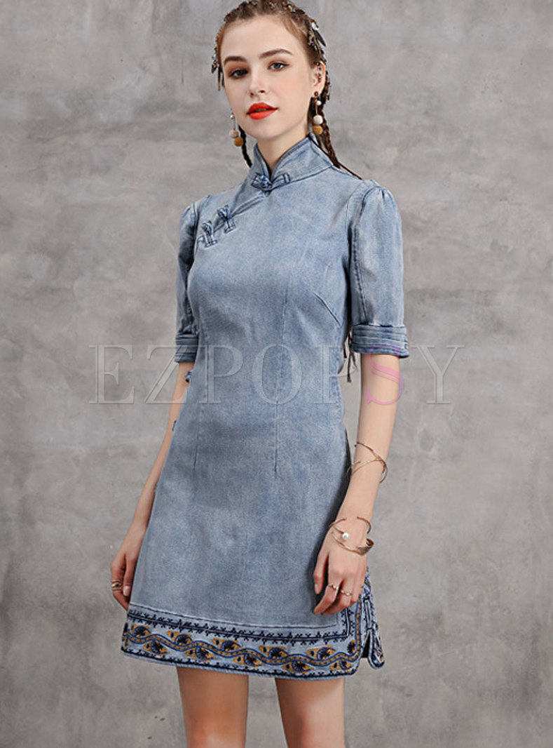 Vintage Denim Embroidered Mini A-line Dress