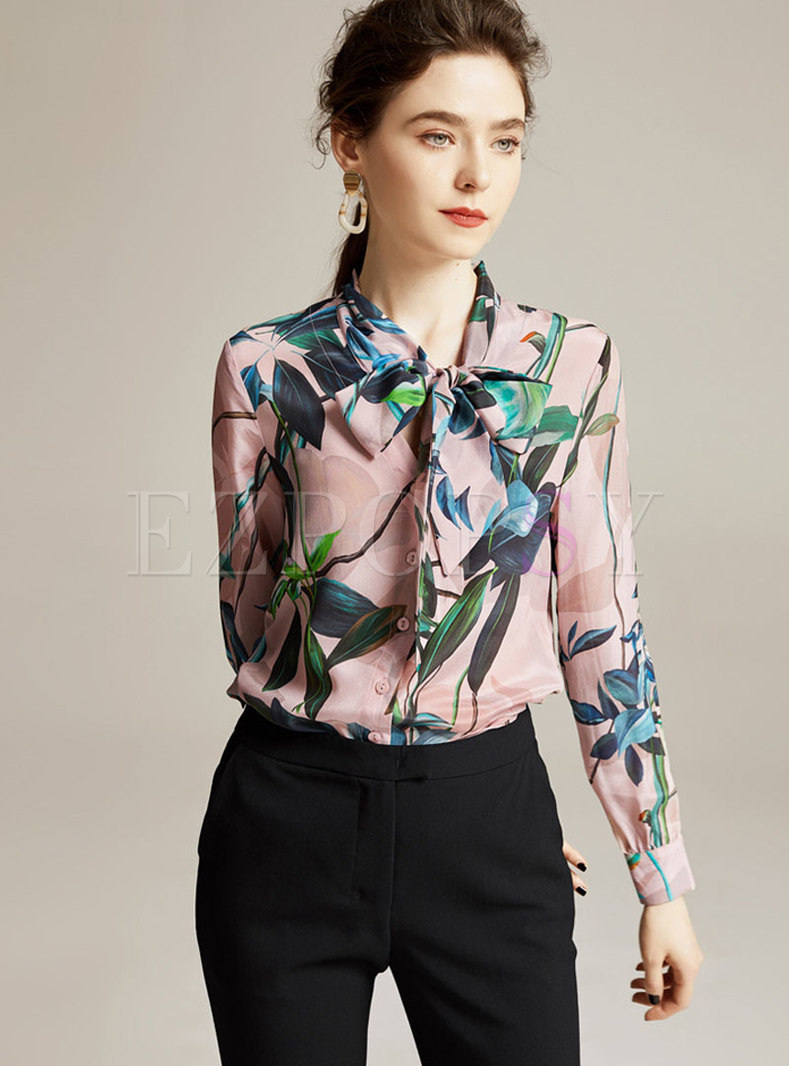 Tops | Blouses | Silk Print Tie-collar Buttoned Blouse