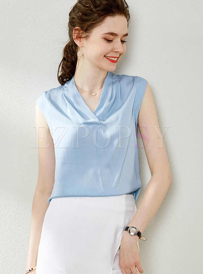Solid Color V-neck Sleeveless Silk Top