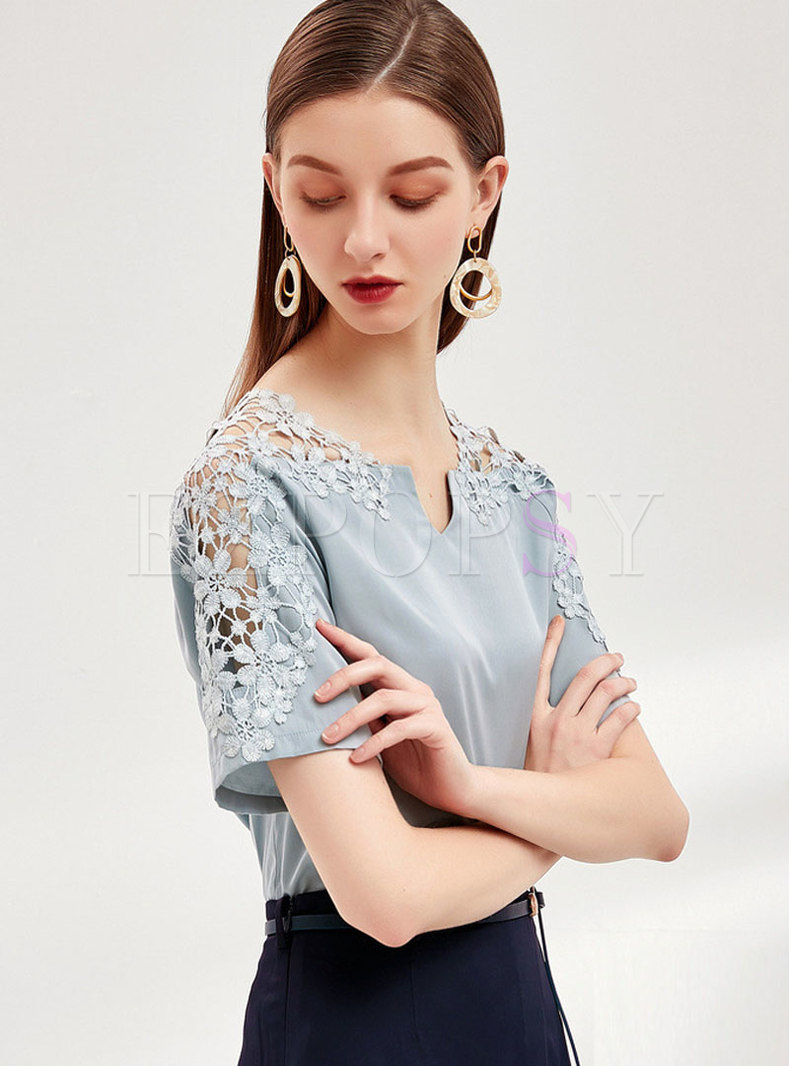 Tops | Blouses | Lace Patchwork V-neck Openwork Blouse