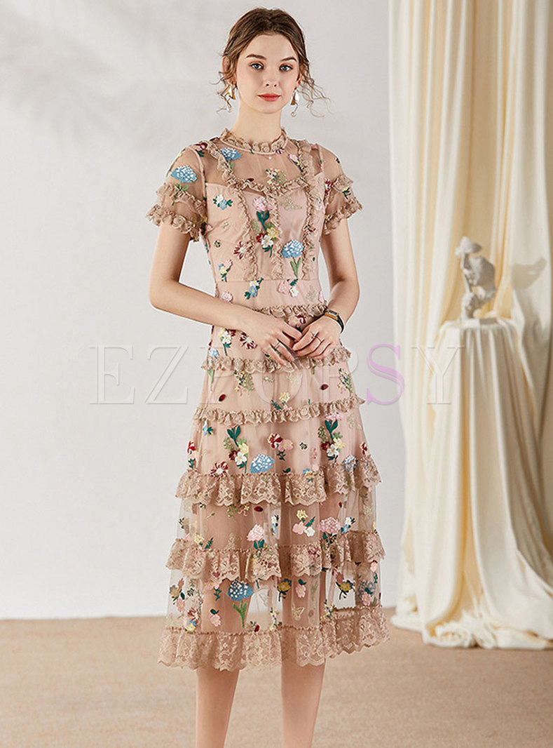 Stand Collar Mesh Embroidered Cake Dress