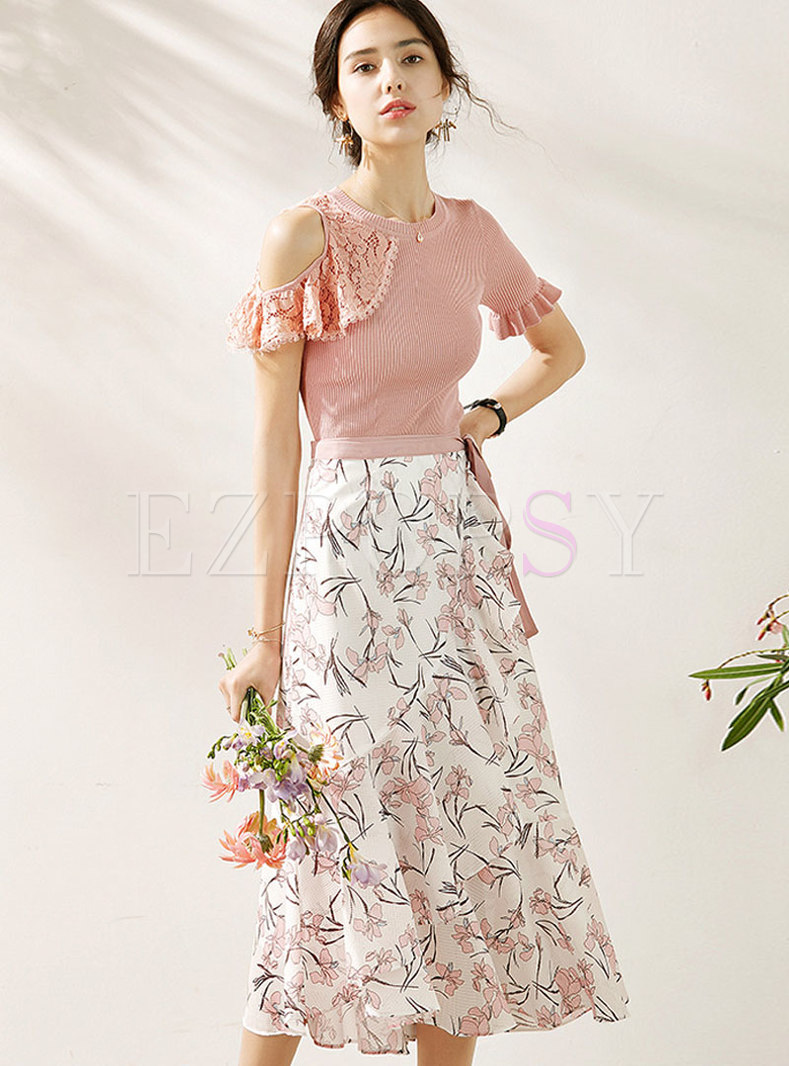 Open Shoulder Knit Top & Floral Peplum Skirt