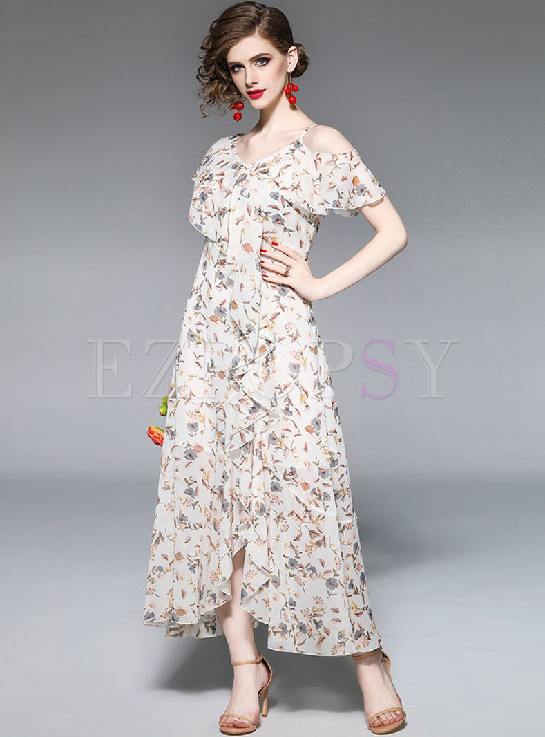 Floral Open Shoulder Asymmetric Ruffle Maxi Dress