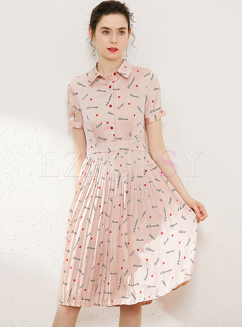 Sweet Button-front Print Pleated Skater Dress