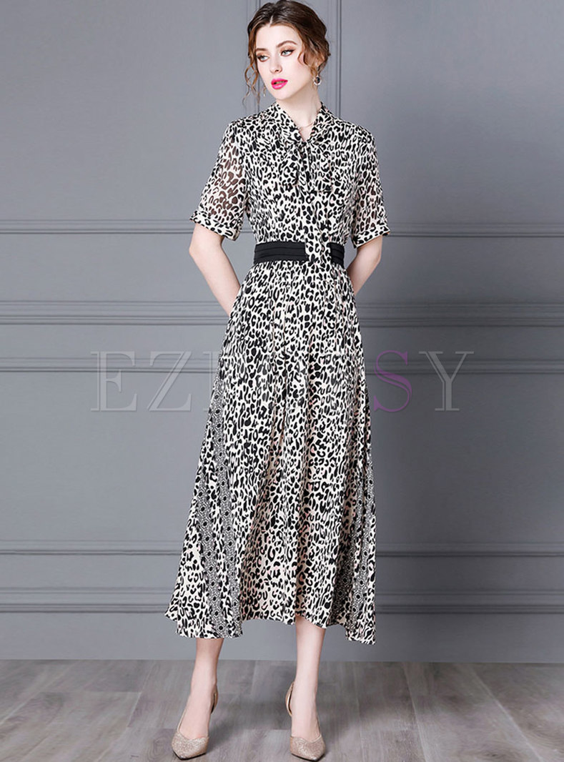 Leopard Tie-collar Gathered Waist Maxi Dress