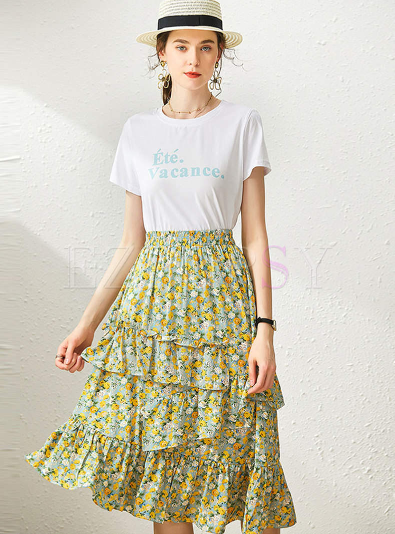 Letter Print T-shirt & Floral Cake Skirt