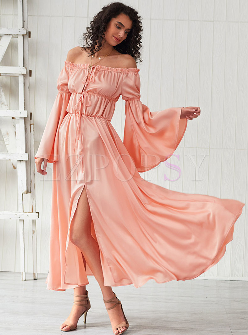 Off-the-shoulder Flare Sleeve Tied Maxi Dress
