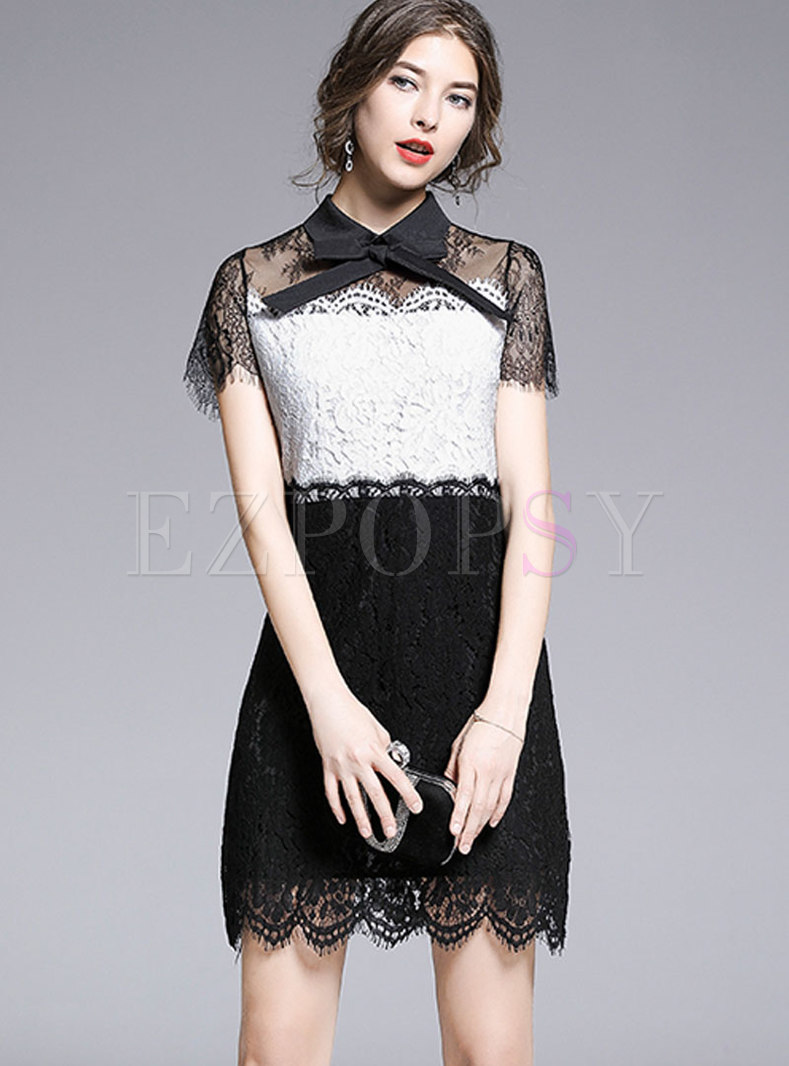 Color Block Lace Bowknot Mini Bodycon Dress