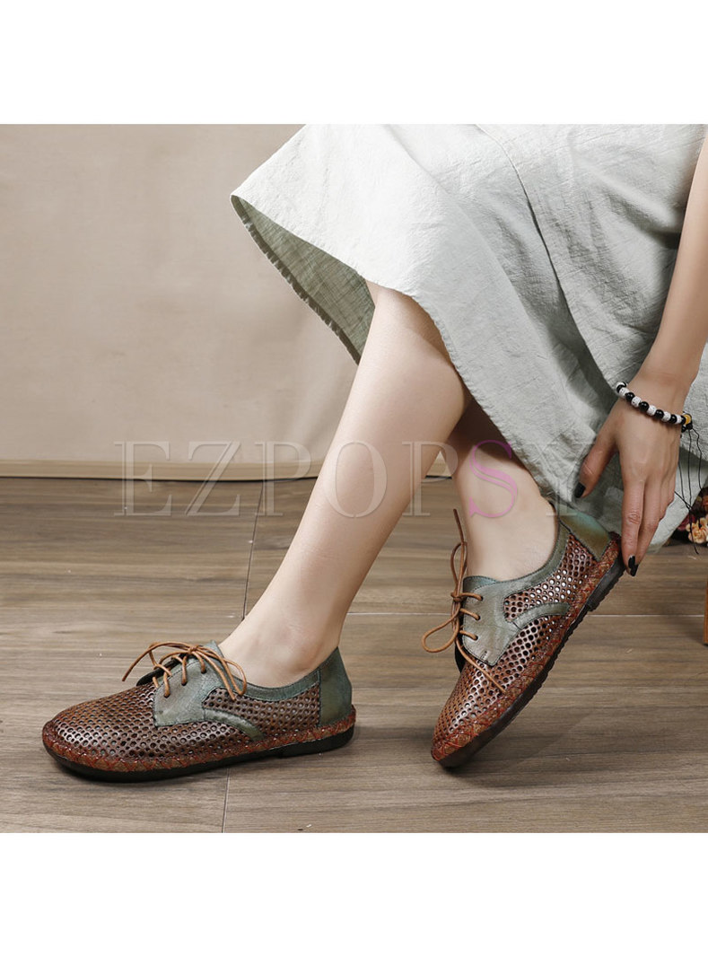 Color Block Lace-up Openwork Genuine Leather Flats
