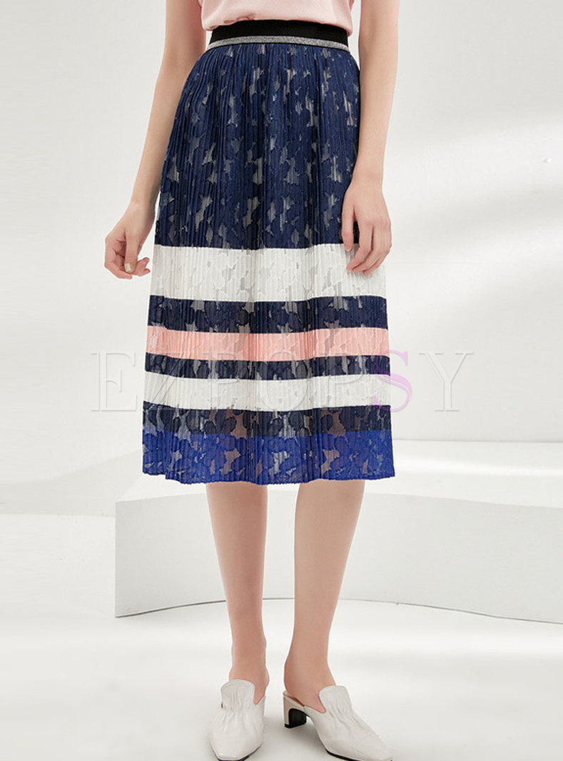 Color Block Lace Elastic Waist A-line Skirt