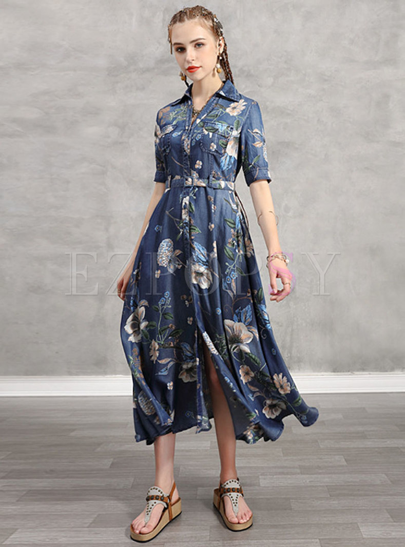 Denim Print Half Sleeve Belted Maxi Dress