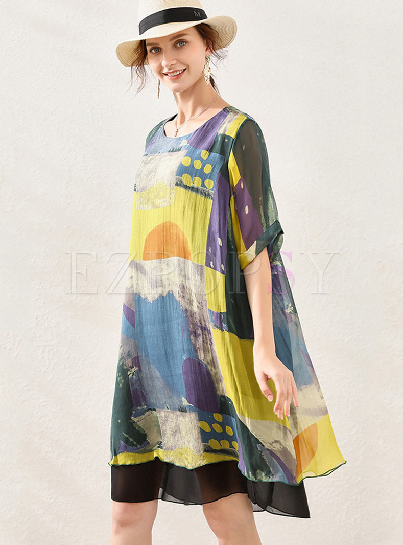 Dresses Shift Dresses Crew Neck Print Patchwork Shift Dress