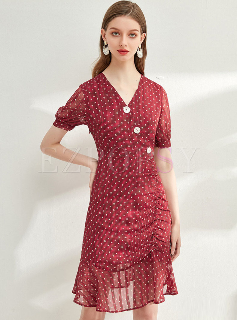 Chiffon Print V-neck Ruched Peplum Dress
