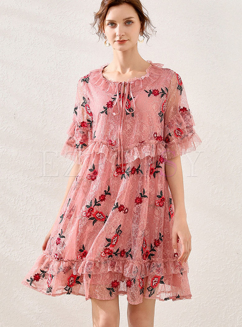 Lace Embroidered Ruffle Shift Dress