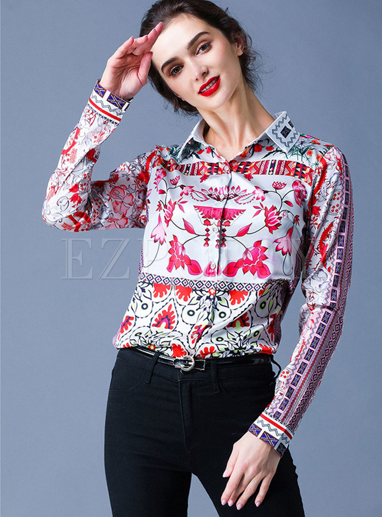 Chic Print Lapel Single-breasted Blouse