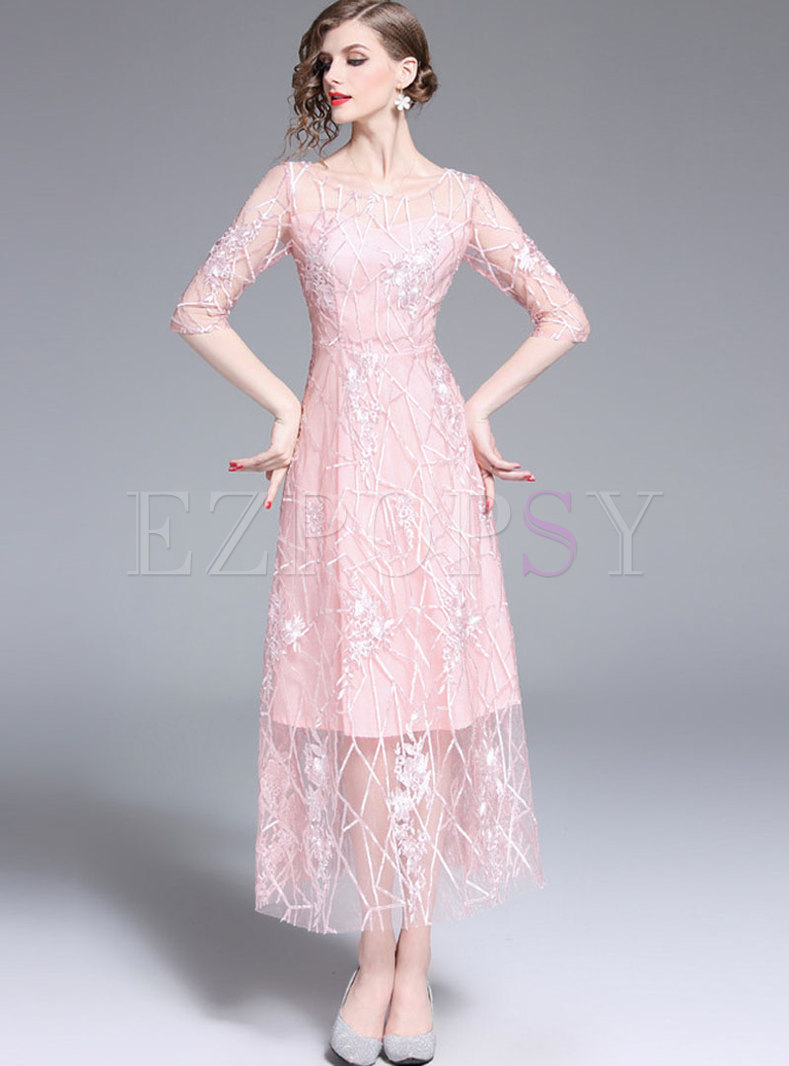 Pink Crew Neck Embroidered Bridesmaid Dress