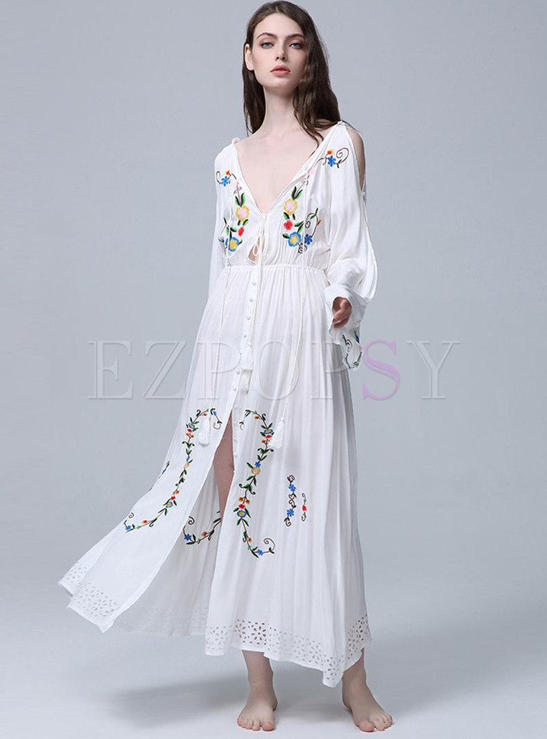 Dresses | Maxi Dresses | Open Shoulder Embroidered Tassel Maxi Beach Dress