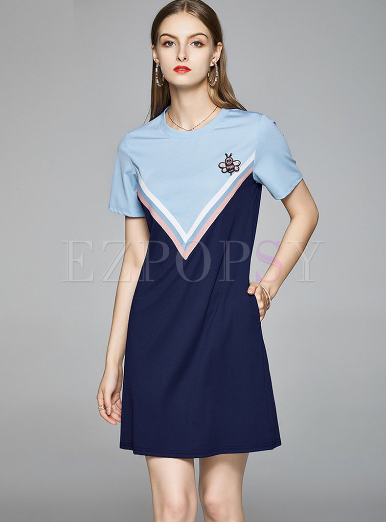Crew Neck Patchwork Embroidered T-shirt Dress