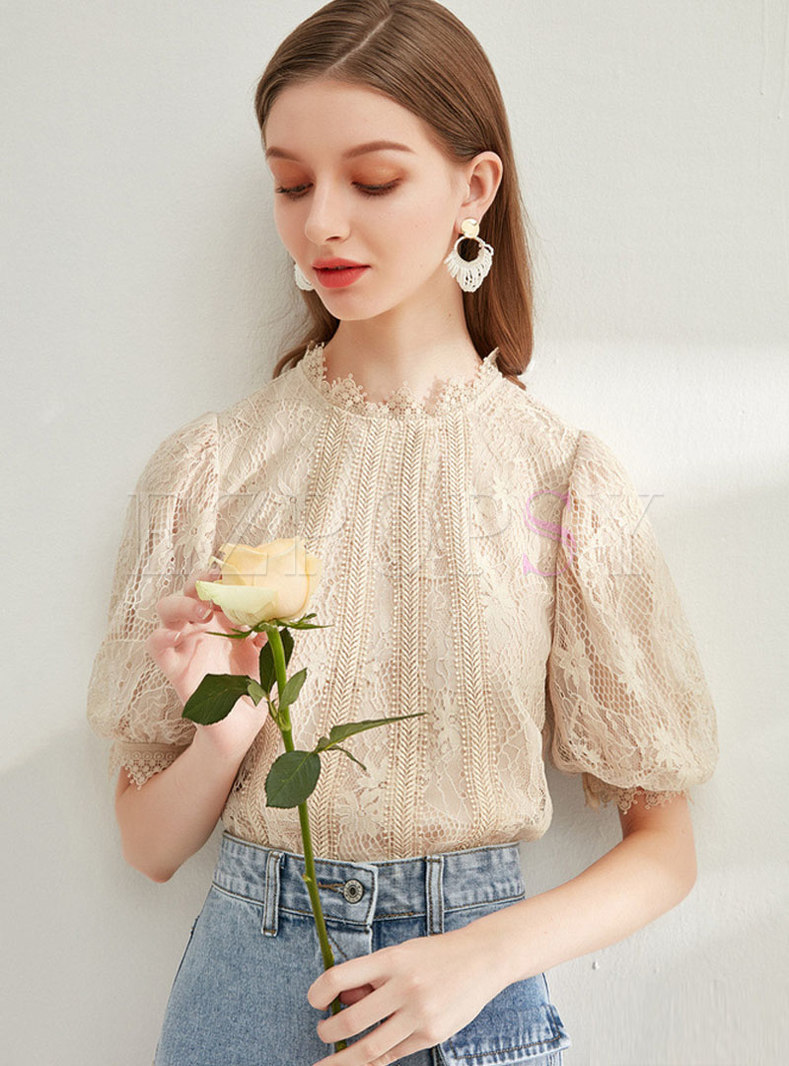 Mock Neck Puff Sleeve Lace Blouse