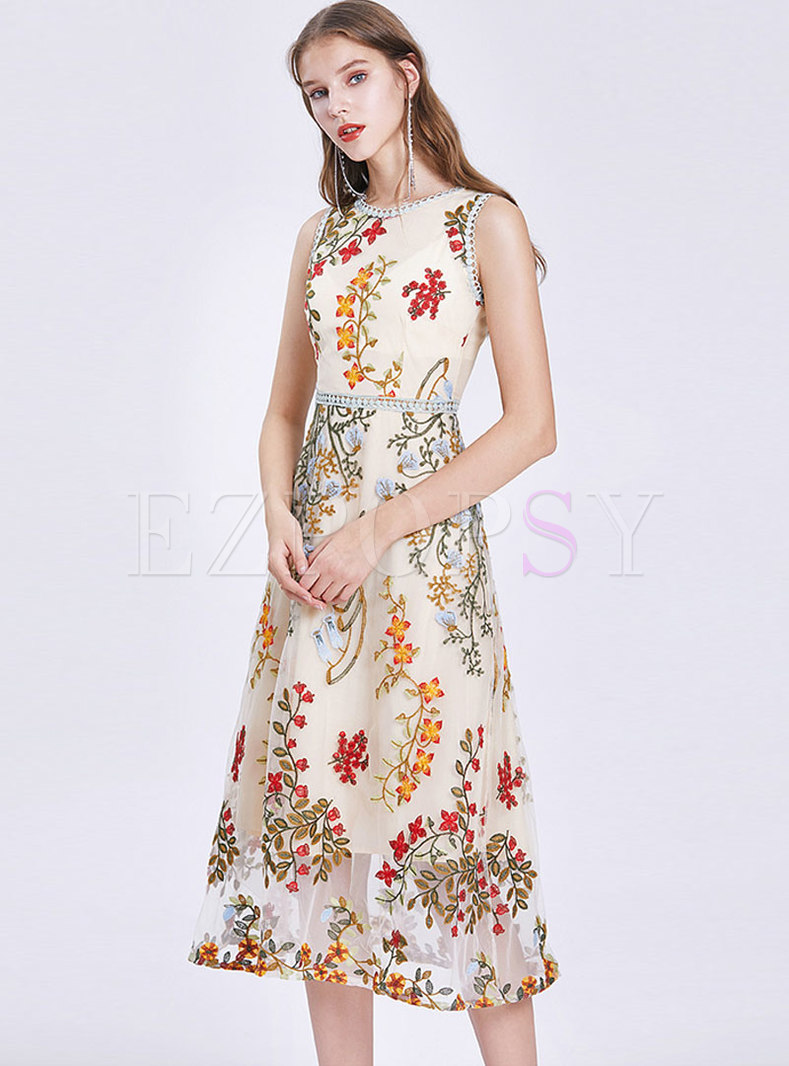 Mesh Embroidered Sleeveless Slim Midi Dress