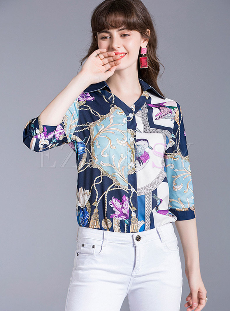 Tops | Blouses | Print Three Quarters Sleeve Button-front Blouse