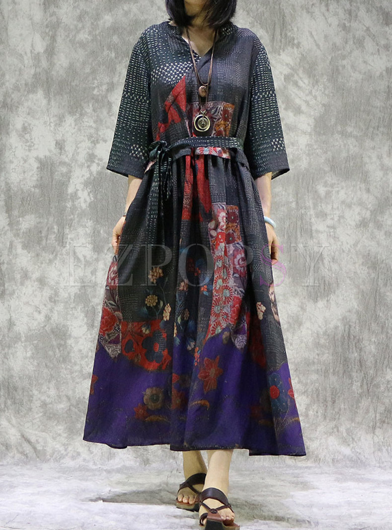 Vintage Print V-neck Belted Maxi Dress