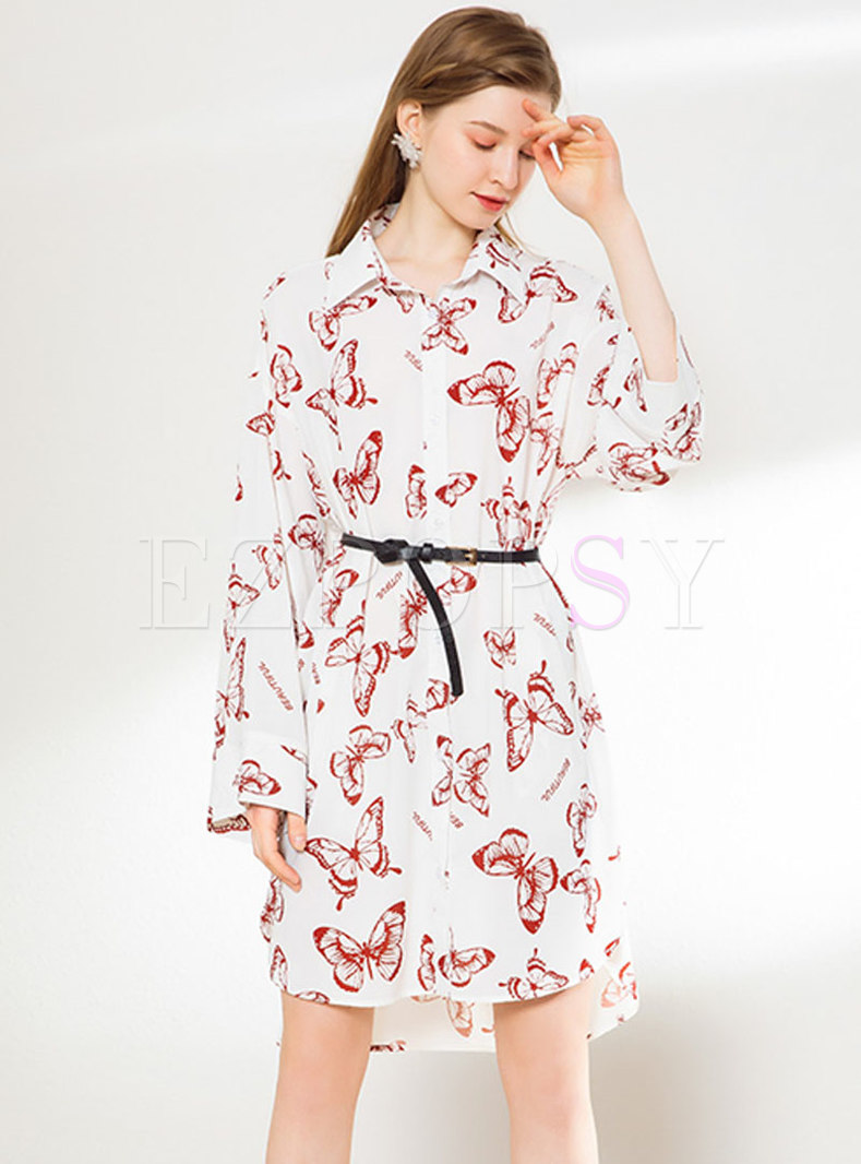 Butterfly Print Belted Asymmetric Shirt Dress